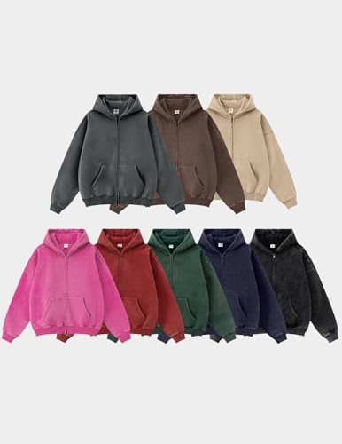 Oversized Fleece Winter Hoodie Vintage Acid Wash Heavyweight Full Zip