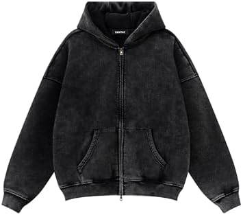 Oversized Fleece Winter Hoodie Vintage Acid Wash Heavyweight Full Zip Black