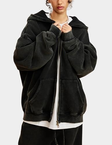 Oversized Fleece Winter Hoodie Vintage Acid Wash Heavyweight Full Zip