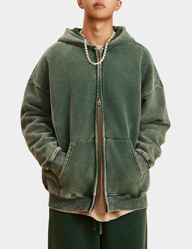 Oversized Fleece Winter Hoodie Vintage Acid Wash Heavyweight Full Zip
