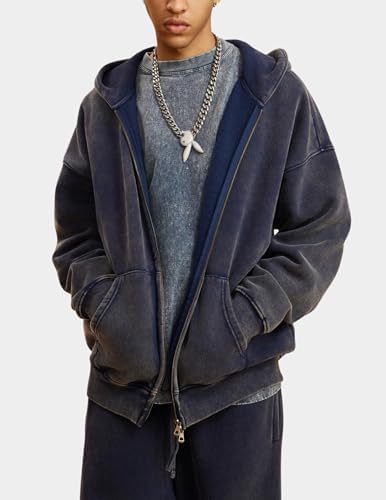 Oversized Fleece Winter Hoodie Vintage Acid Wash Heavyweight Full Zip