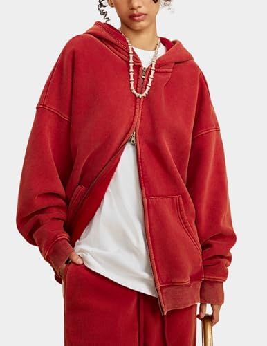 Oversized Fleece Winter Hoodie Vintage Acid Wash Heavyweight Full Zip