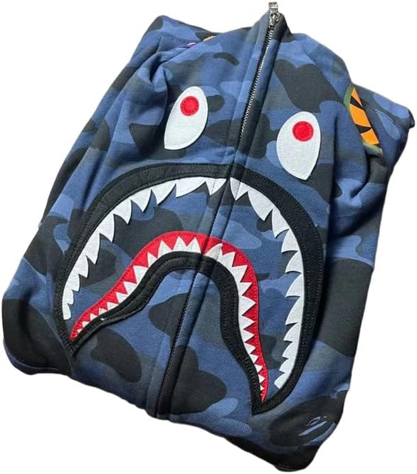 Unisex Shark Embroidery Y2k Zip Up Hoodie Couple Sweatshirts Jacket Asian Size
