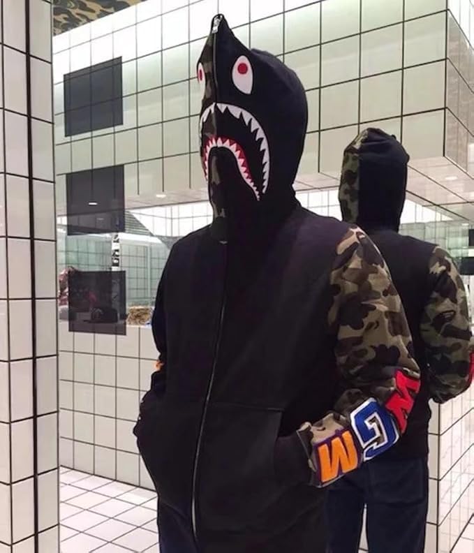 Unisex Shark Embroidery Y2k Zip Up Hoodie Couple Sweatshirts Jacket Asian Size