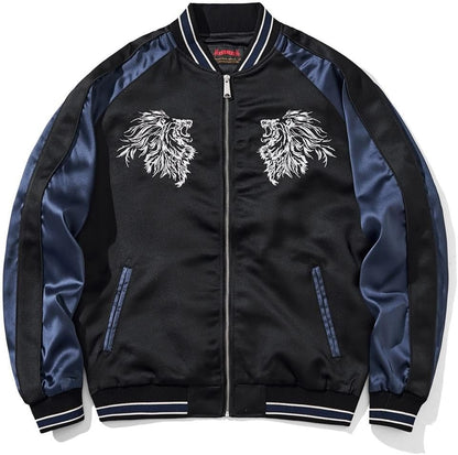 Men's Lion Embroidery Bomber Jacket Zip Up Hoodies Streetwear