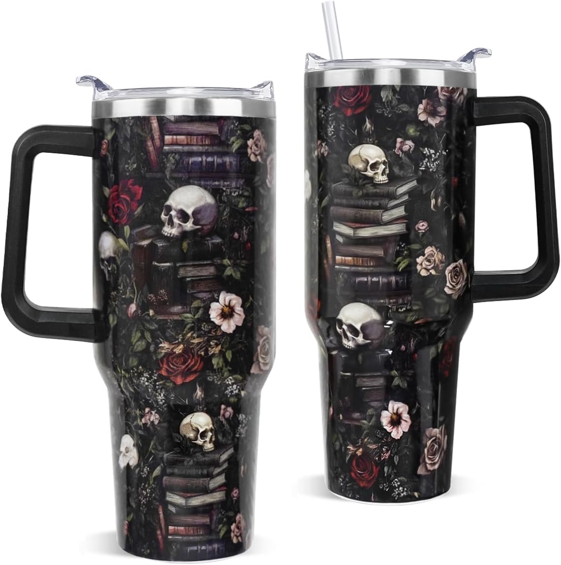 Skull Bookshelf Coffee Travel Mugs Christmas Insulated Cup Funny Gifts black skull rose