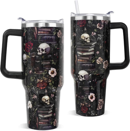 Skull Bookshelf Coffee Travel Mugs Christmas Insulated Cup Funny Gifts black skull rose