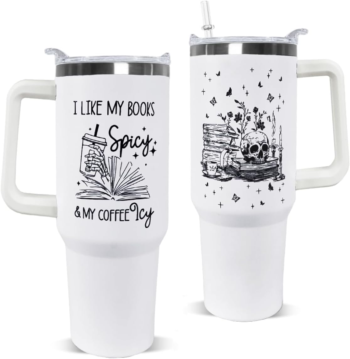 Skull Bookshelf Coffee Travel Mugs Christmas Insulated Cup Funny Gifts white black