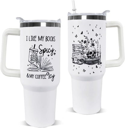 Skull Bookshelf Coffee Travel Mugs Christmas Insulated Cup Funny Gifts white black