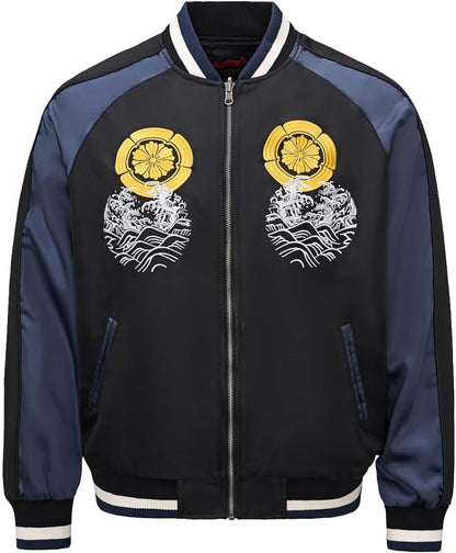 Koi Carp Embroidery Men Bomber Jacket Streetwear Windbreaker Hoodie