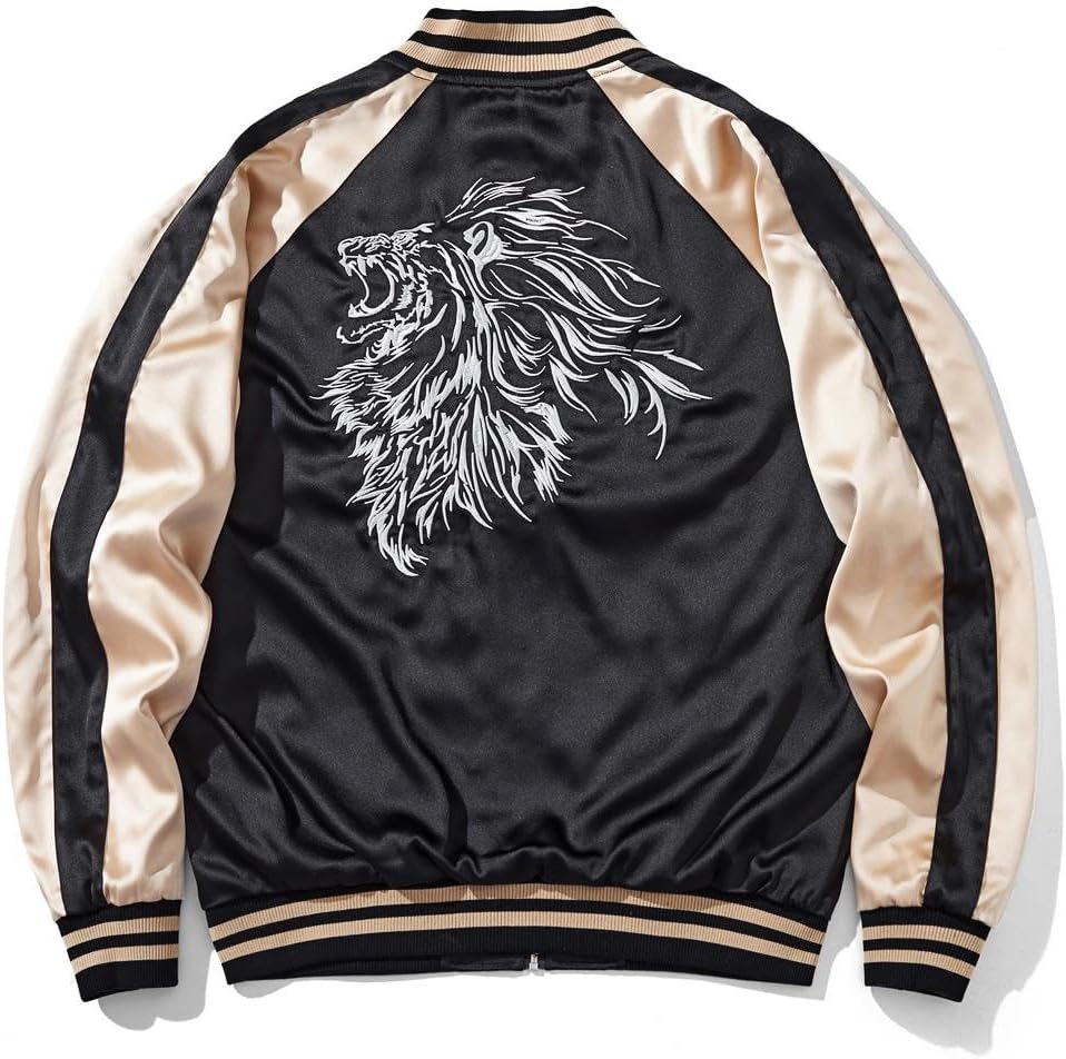 Lion Embroidery Men Bomber Jacket Reversible Streetwear Zip Up Hoodie