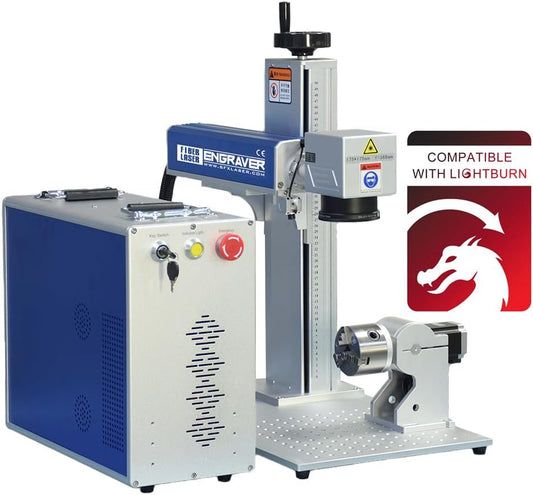 100W(100,000mW) CLASS 4 JPT M7 MOPA Fiber Laser Marking Machine Fiber Laser Engraver Laser Marker 300×300mm with 80mm Rotary Axis and Heightened 800mm Tower Lightburn Compatible