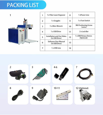 100W(100,000mW) CLASS 4 JPT M7 MOPA Fiber Laser Marking Machine Fiber Laser Engraver Laser Marker 300×300mm with 80mm Rotary Axis and Heightened 800mm Tower Lightburn Compatible