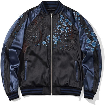 Lion Embroidery Men Bomber Jacket Reversible Streetwear Zip Up Hoodie