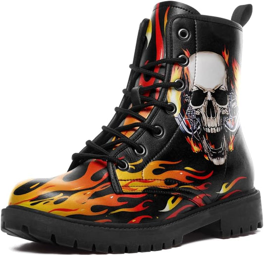 Skull Black Leather Combat Boots Women Mens Motorcycle Boots