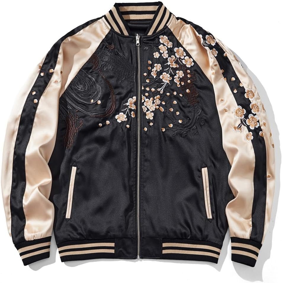 Lion Embroidery Men Bomber Jacket Reversible Streetwear Zip Up Hoodie