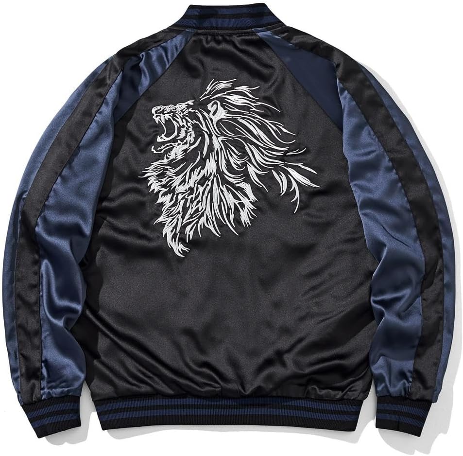Lion Embroidery Men Bomber Jacket Reversible Streetwear Zip Up Hoodie