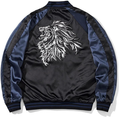 Lion Embroidery Men Bomber Jacket Reversible Streetwear Zip Up Hoodie