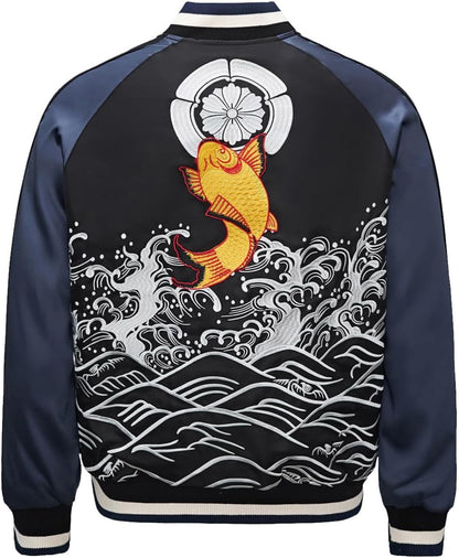 Koi Carp Embroidery Men Bomber Jacket Streetwear Windbreaker Hoodie