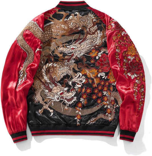 Dragon Floral Embroidery Bomber Jacket Hip Hop Casual Coat Sweetshirt