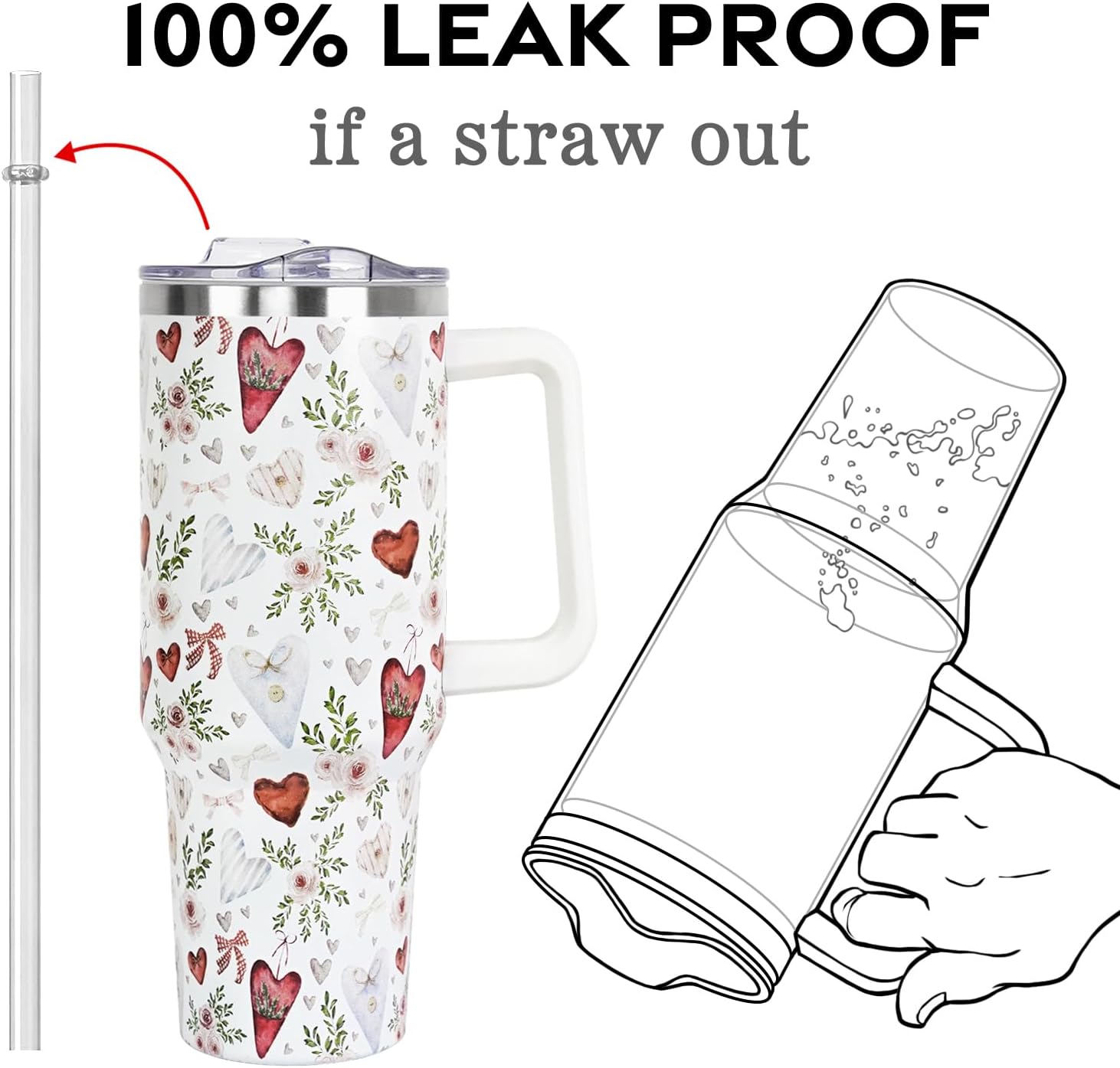 Christmas 40 oz Tumbler with Handle and Straw Lid,Cute Valentine's Day Spring Gift for Her Women Girlfriend Wife Red Heart Floral Vacuum Insulated Leak Proof Stainless Steel Coffee Cup Mug (Copy) (Copy)