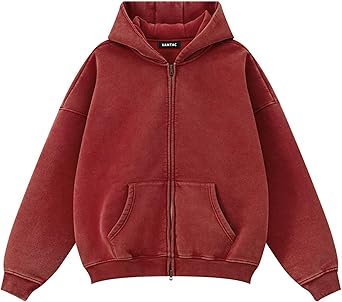 Oversized Fleece Winter Hoodie Vintage Acid Wash Heavyweight Full Zip Red
