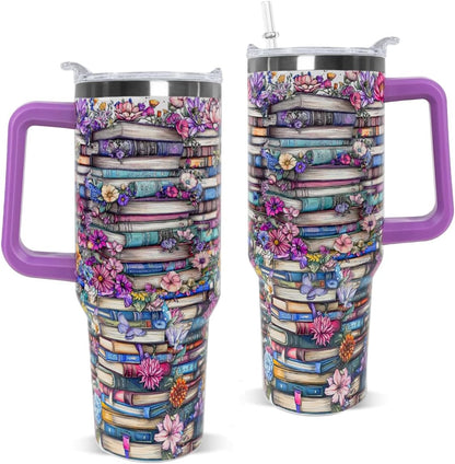 Skull Bookshelf Coffee Travel Mugs Christmas Insulated Cup Funny Gifts Purple