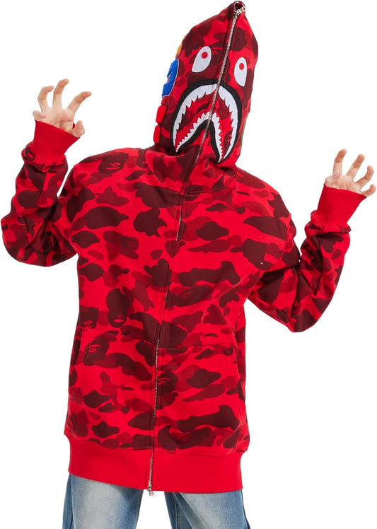 Unisex Shark Embroidery Y2k Zip Up Hoodie Couple Sweatshirts Jacket Asian Size