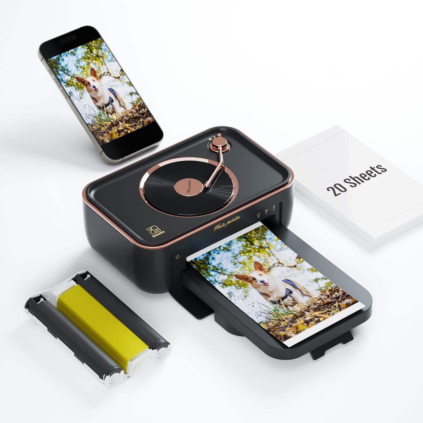 HPRT Photo Printer 4x6,Instant Picture Printer for iPhone, Android Black Audio Printer + 20 sheets of paper