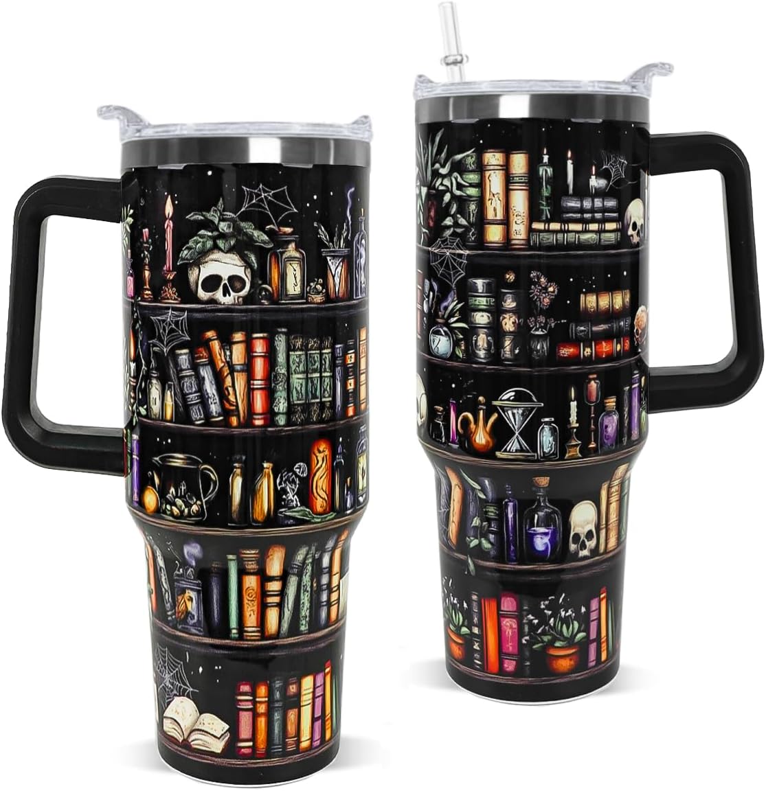 Skull Bookshelf Coffee Travel Mugs Christmas Insulated Cup Funny Gifts Black
