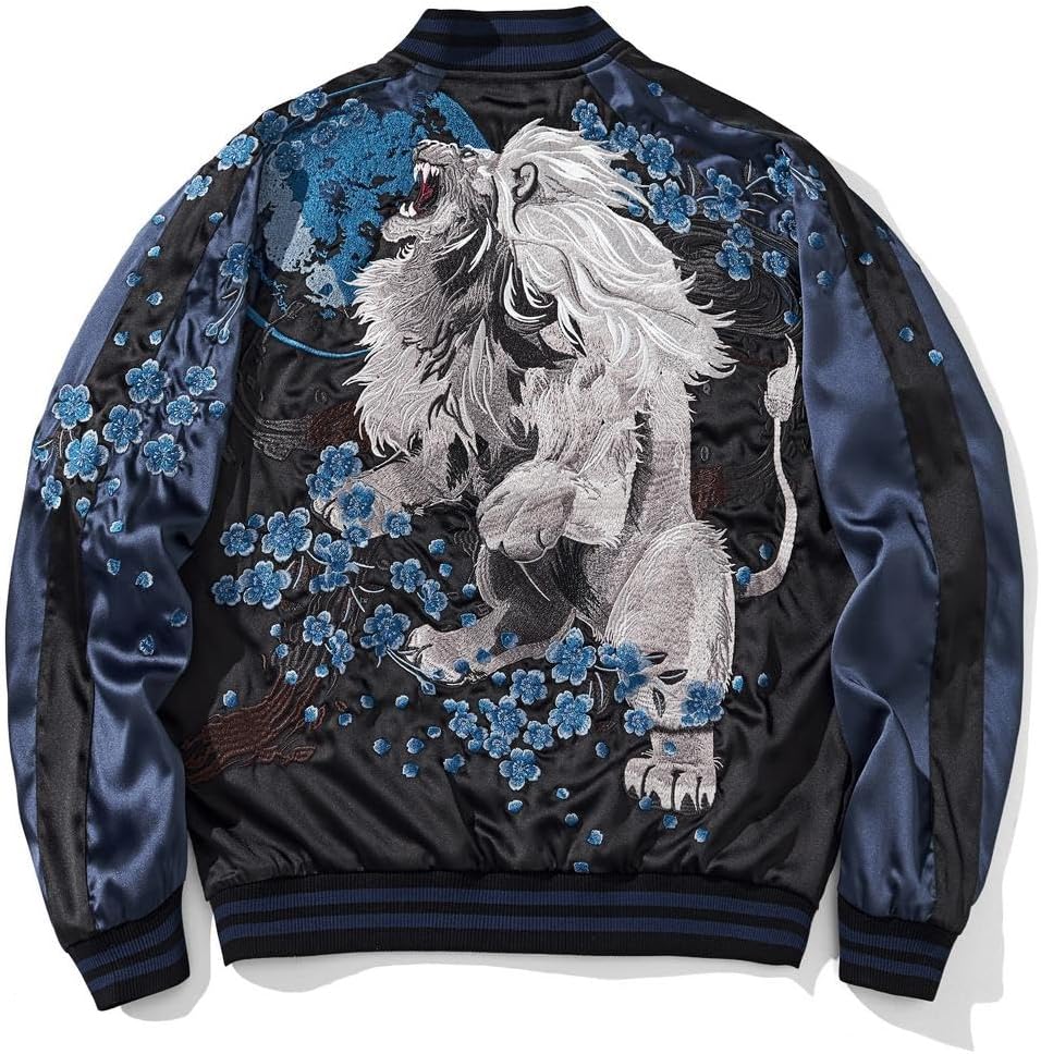 Lion Embroidery Men Bomber Jacket Reversible Streetwear Zip Up Hoodie Blue