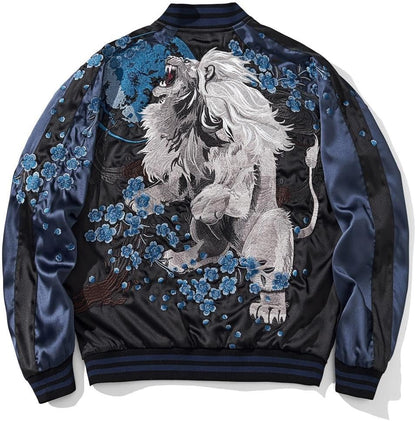Lion Embroidery Men Bomber Jacket Reversible Streetwear Zip Up Hoodie
