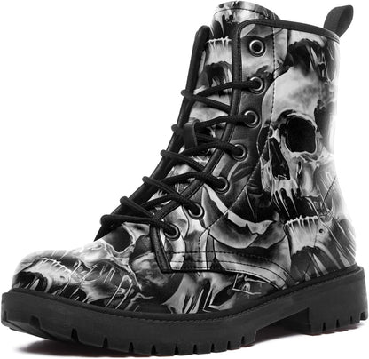 Skull Black Leather Combat Boots Women Mens Motorcycle Boots