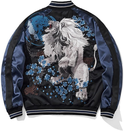 Men's Lion Embroidery Bomber Jacket Zip Up Hoodies Streetwear
