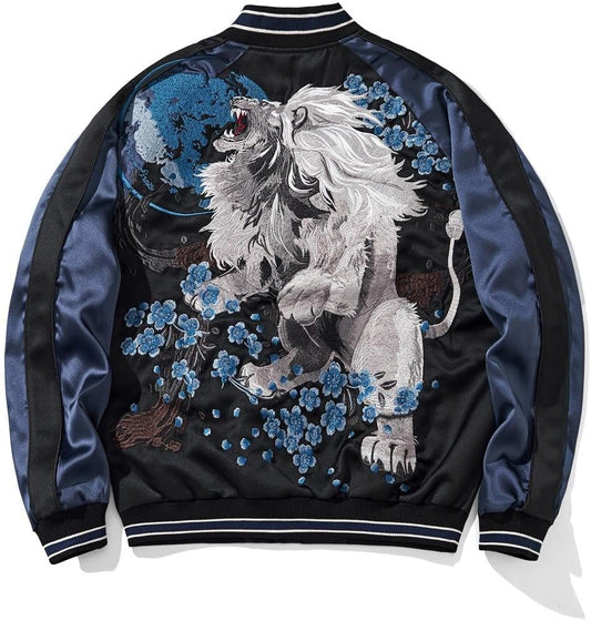Men's Lion Embroidery Bomber Jacket Zip Up Hoodies Streetwear