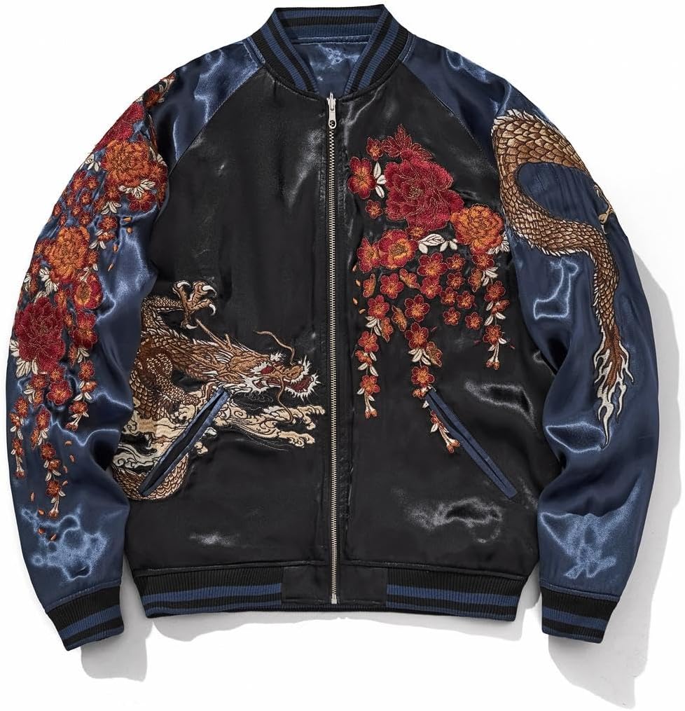 Dragon Floral Embroidery Bomber Jacket Hip Hop Casual Coat Sweetshirt