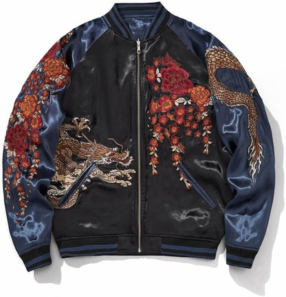 Dragon Floral Embroidery Bomber Jacket Hip Hop Casual Coat Sweetshirt
