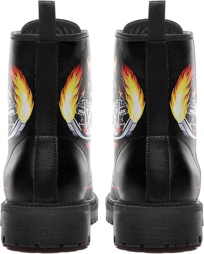 Skull Black Leather Combat Boots Women Mens Motorcycle Boots
