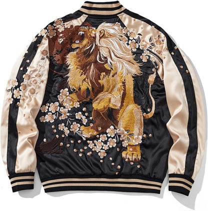 Lion Embroidery Men Bomber Jacket Reversible Streetwear Zip Up Hoodie
