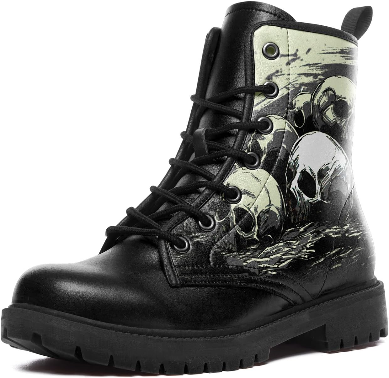 Skull Black Leather Combat Boots Women Mens Motorcycle Boots