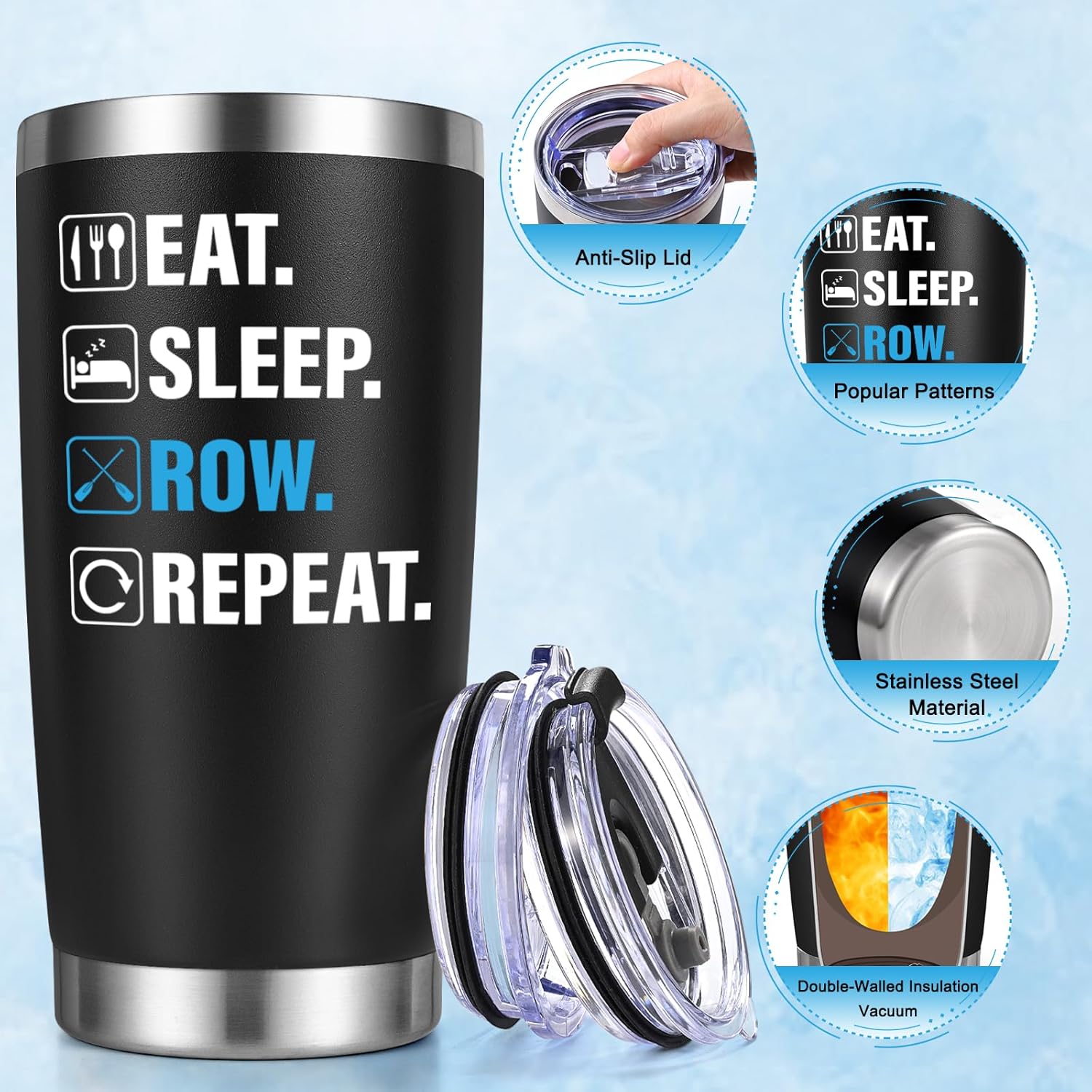 Eat Sleep Row Repeat Insulated Tumbler Funny Coffee Mug Cup Gifts