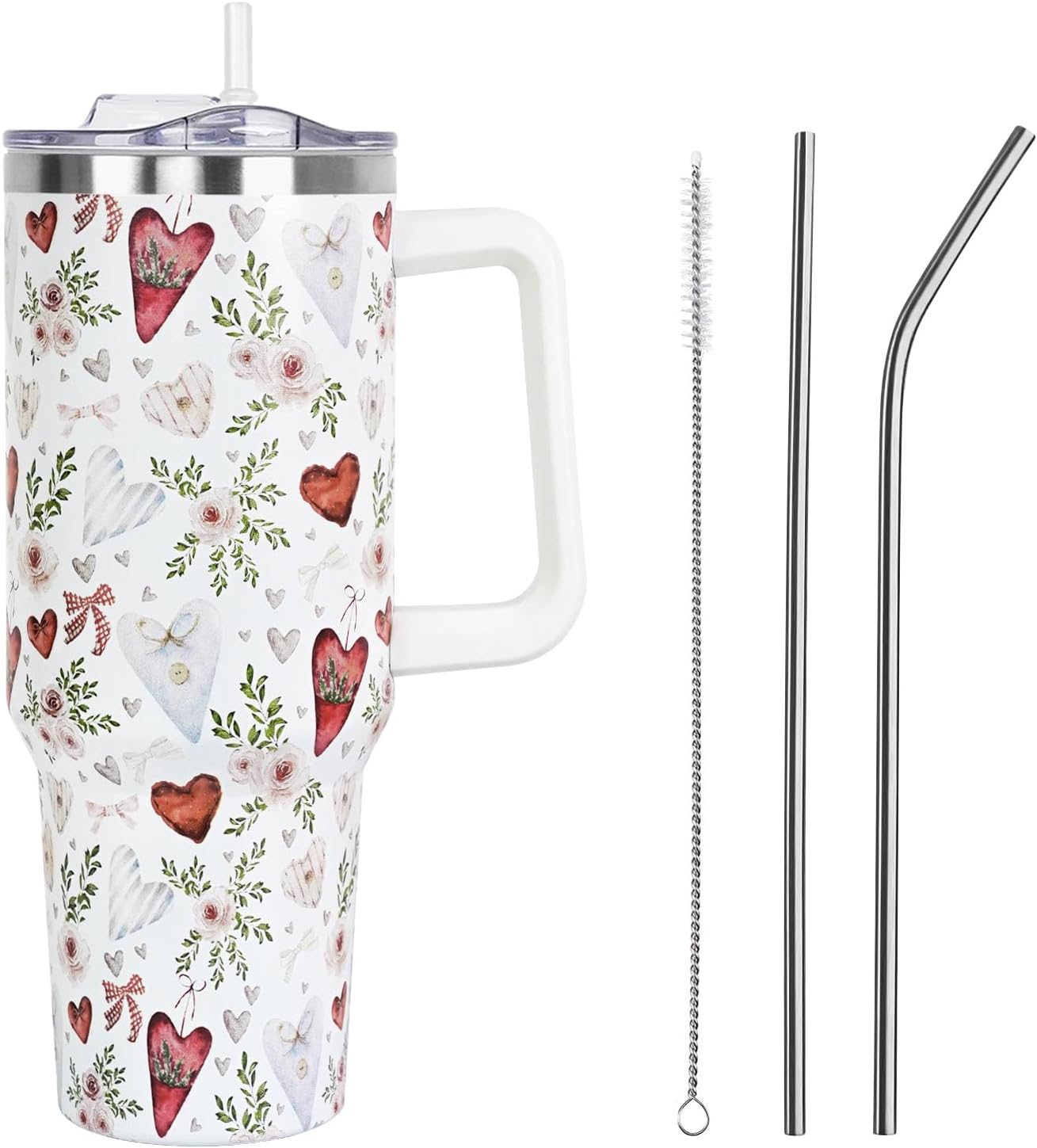 Christmas 40 oz Tumbler with Handle and Straw Lid,Cute Valentine's Day Spring Gift for Her Women Girlfriend Wife Red Heart Floral Vacuum Insulated Leak Proof Stainless Steel Coffee Cup Mug (Copy) (Copy) Valentine Tumbler 5 40 Ounces