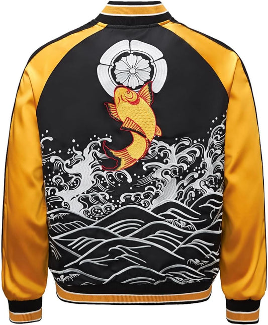 Koi Carp Embroidery Men Bomber Jacket Streetwear Windbreaker Hoodie