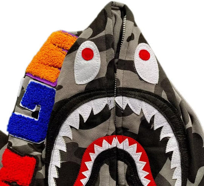 Unisex Shark Embroidery Y2k Zip Up Hoodie Couple Sweatshirts Jacket Asian Size