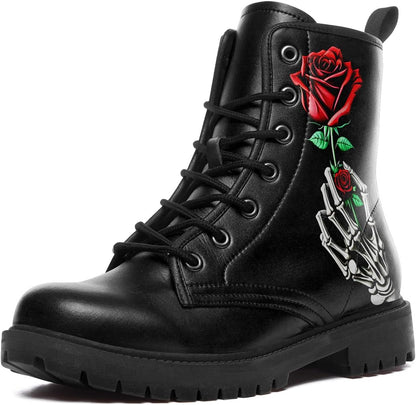 Skull Black Leather Combat Boots Women Mens Motorcycle Boots