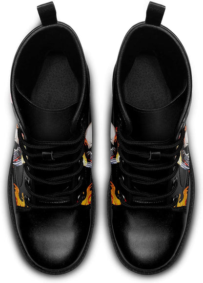 Skull Black Leather Combat Boots Women Mens Motorcycle Boots
