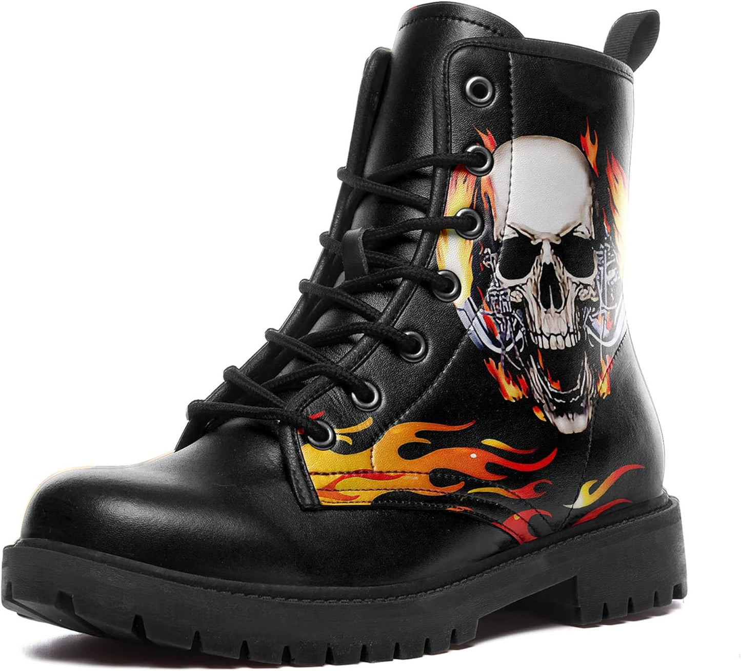 Skull Black Leather Combat Boots Women Mens Motorcycle Boots