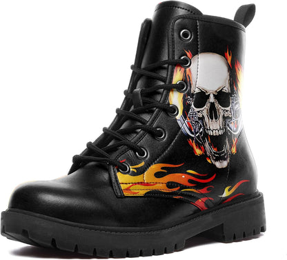 Skull Black Leather Combat Boots Women Mens Motorcycle Boots