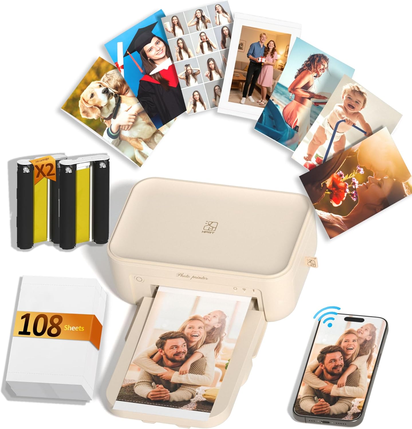 HPRT CP4100 4x6 Photo Printer with 108 Sheets & 2 Ribbons Beige Photo Printer+108 Sheets+2 Ribbons