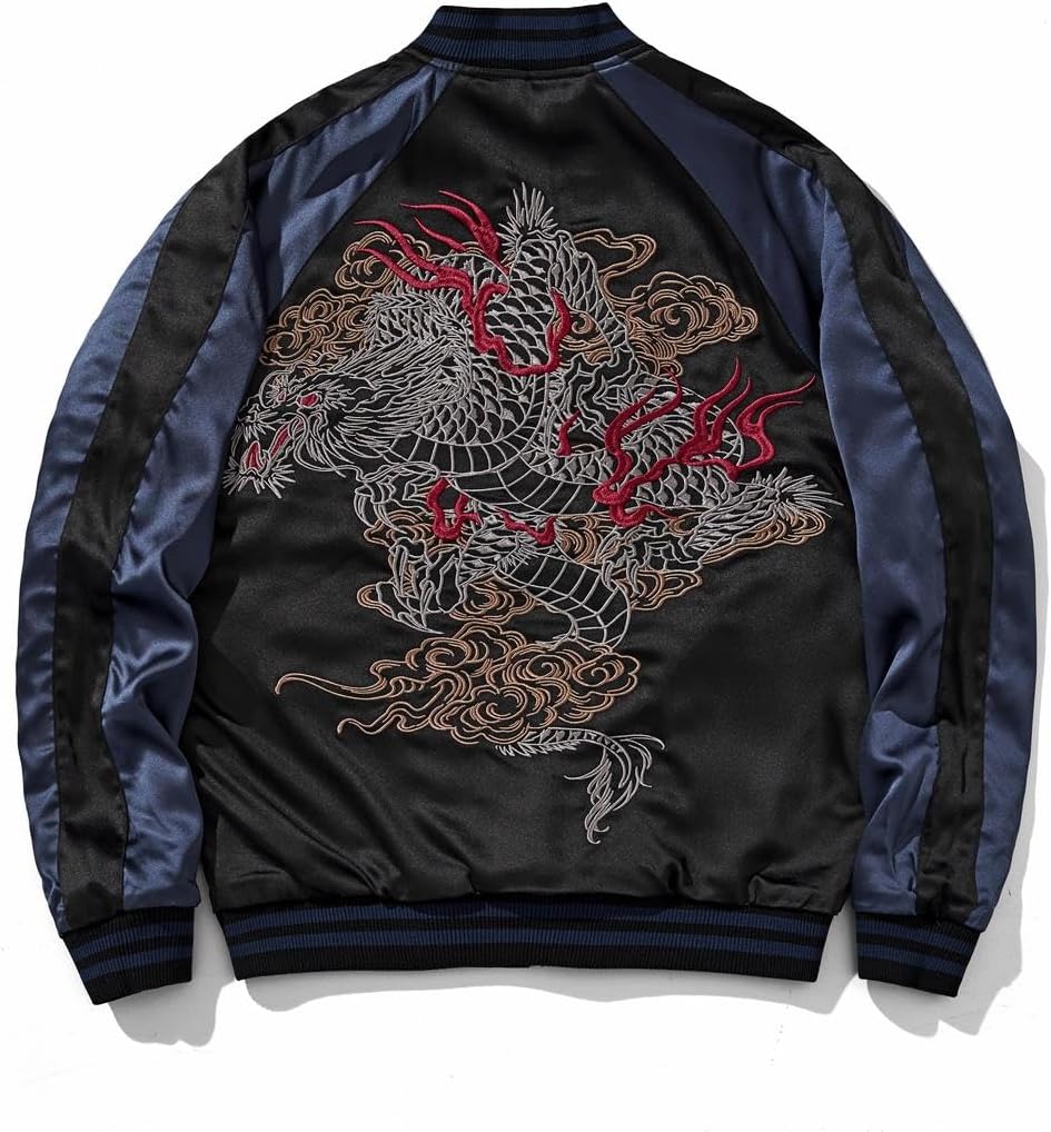 reversible Dragon Satin Bomber Jacket Japanese Vintage Windbreaker
